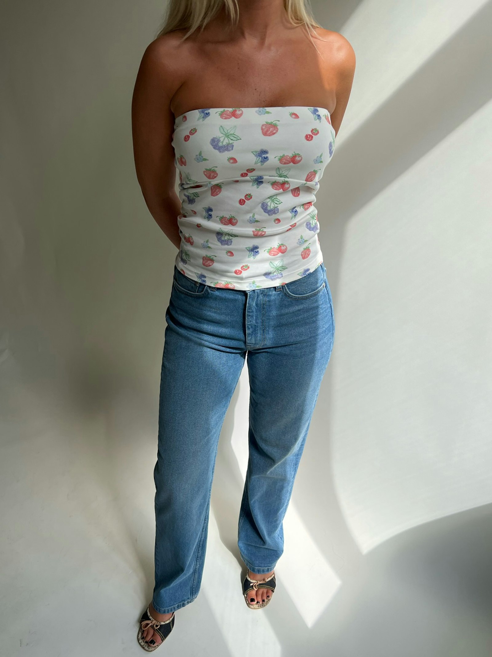 Our Daily Tube Top has a cute berry print, a soft jersey fabric
