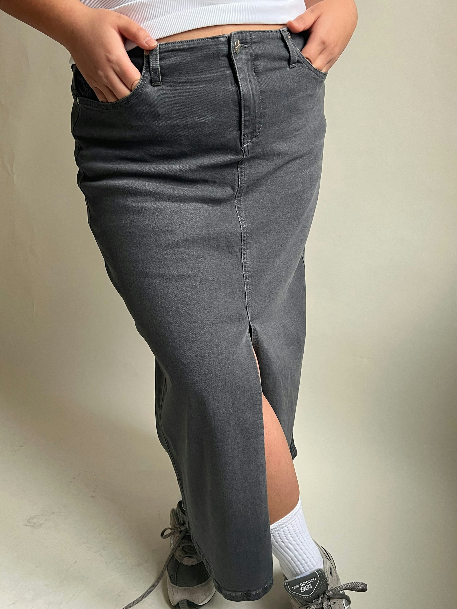 Denim Skirt Midi Washed Grey