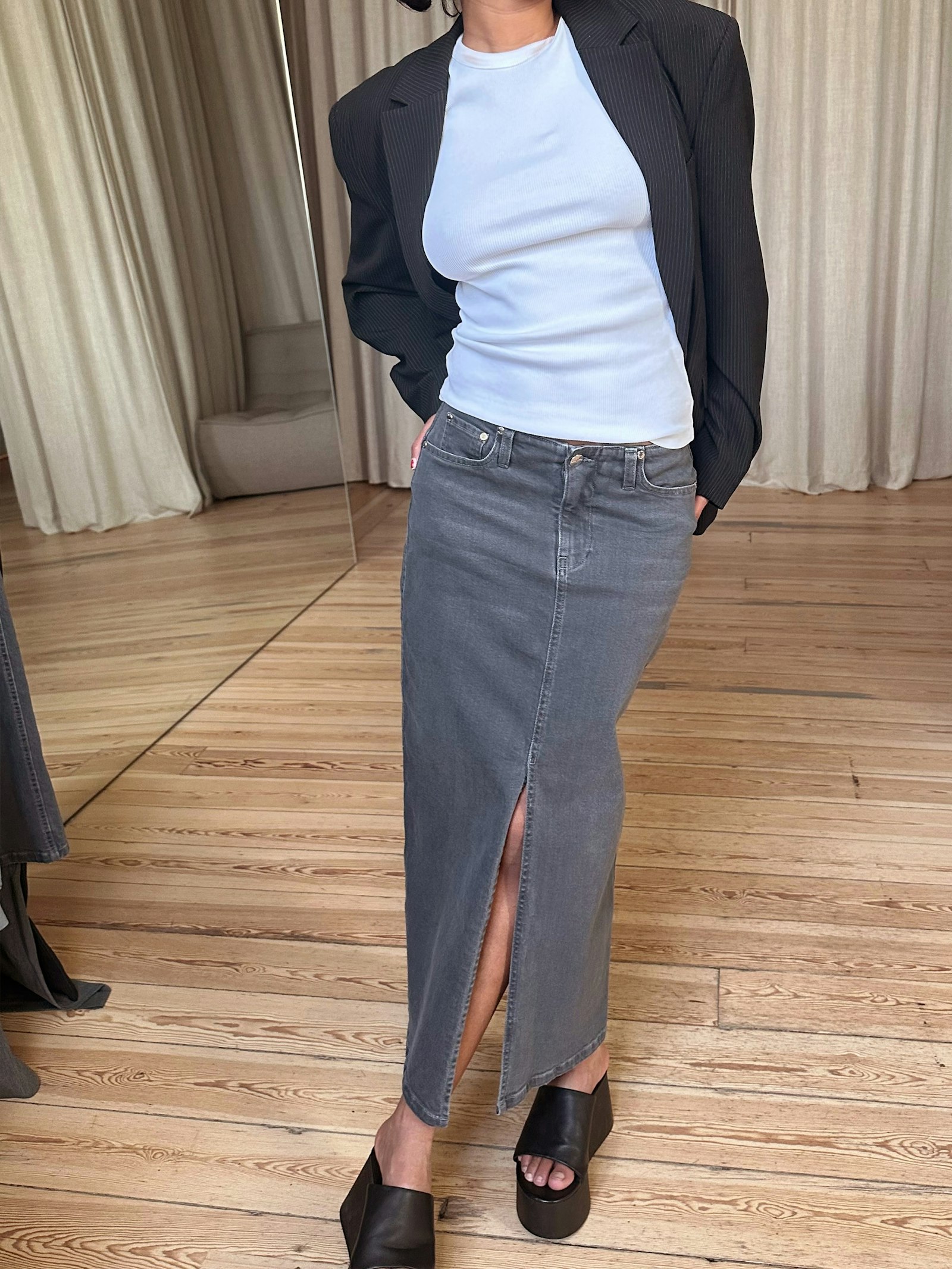 Denim Skirt Midi Washed Grey