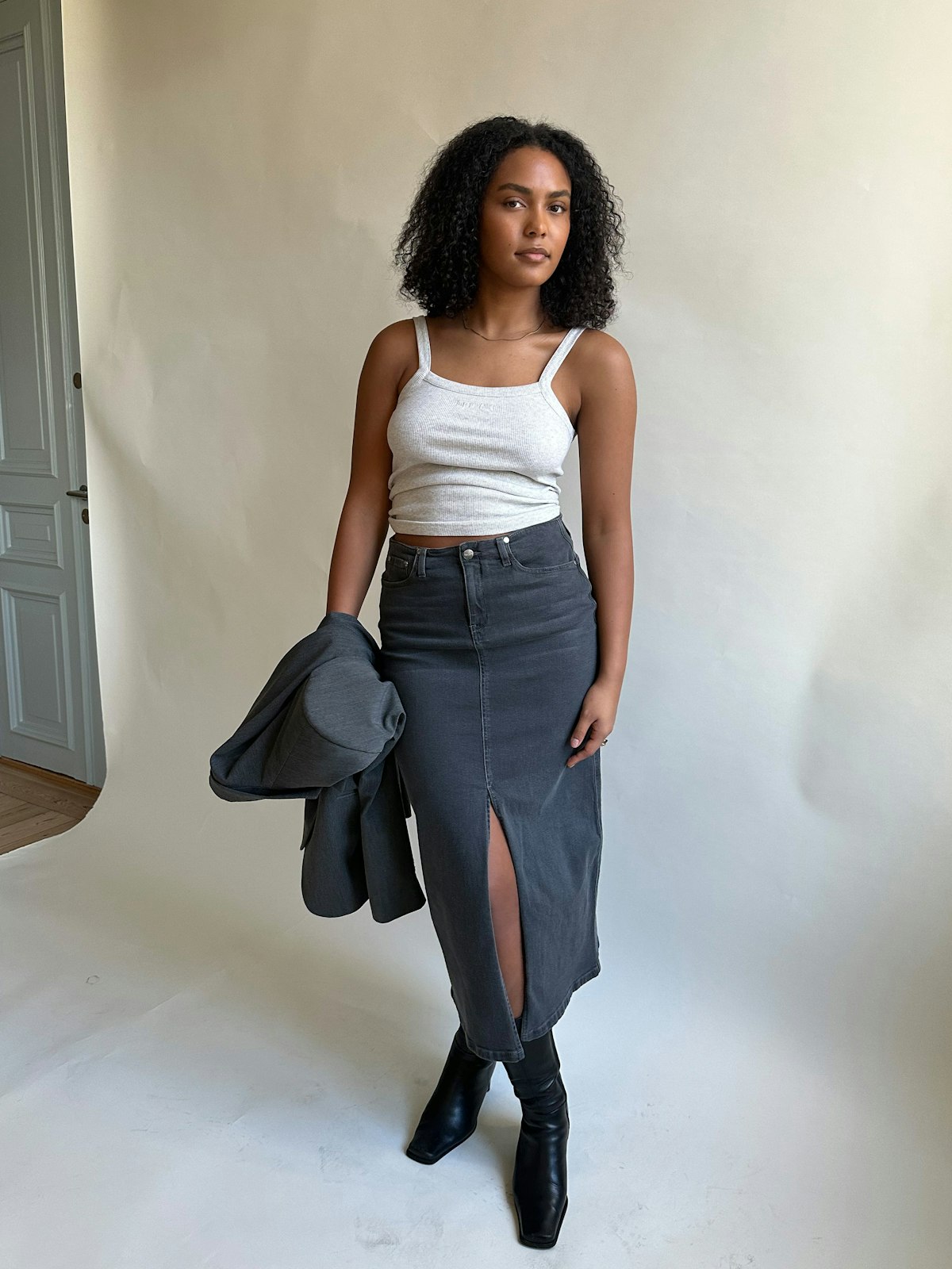 Denim Skirt Midi Washed Grey