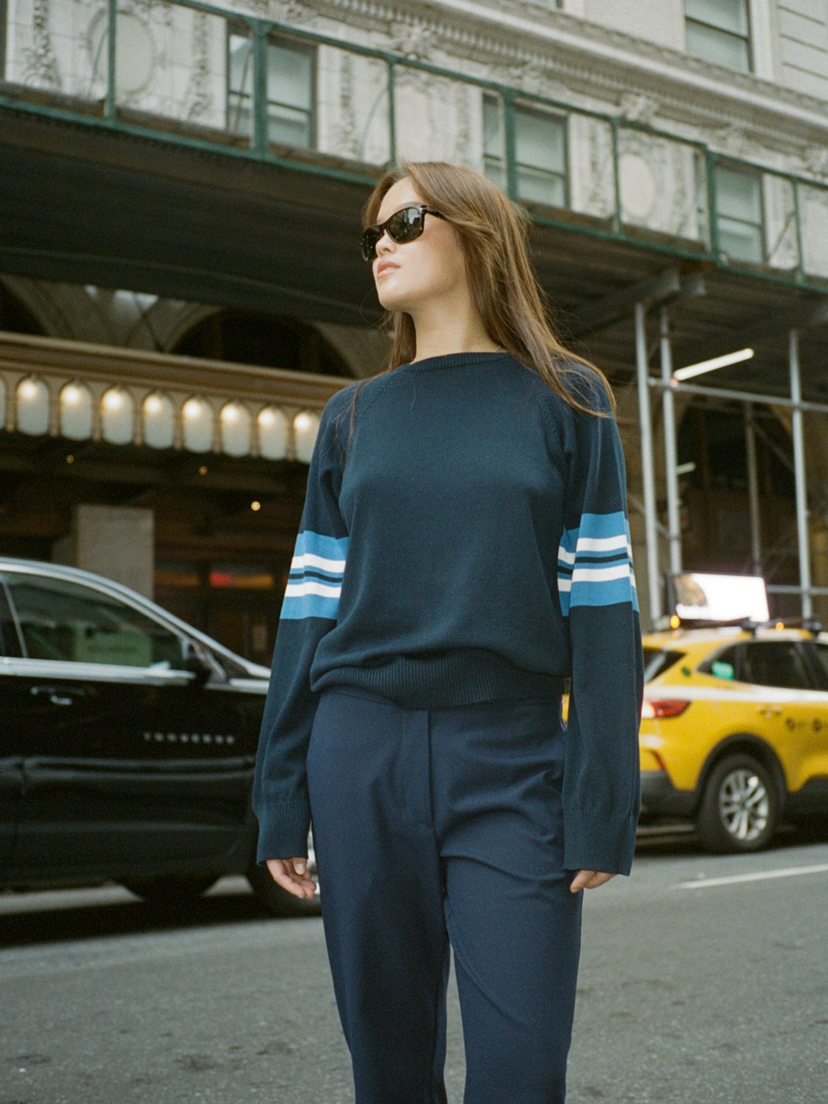 Striped Sleeve Crewneck Blue