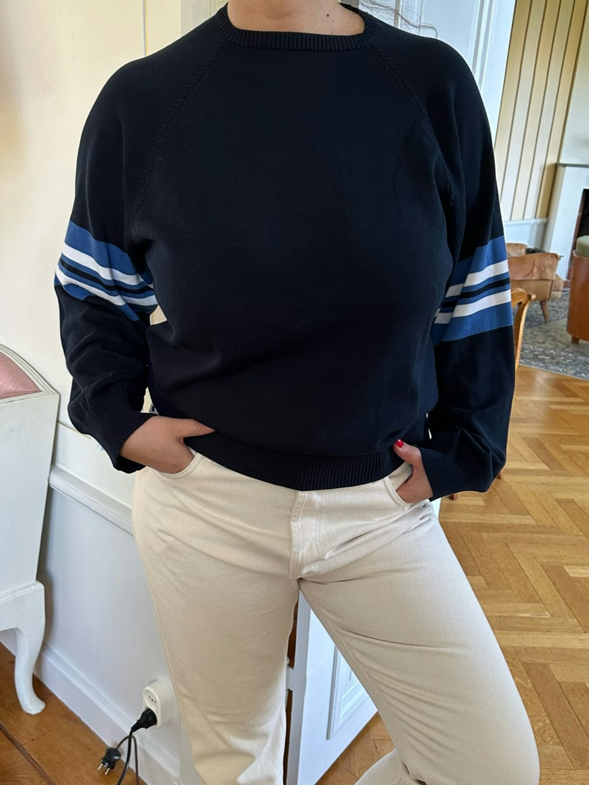 Striped Sleeve Crewneck Blue
