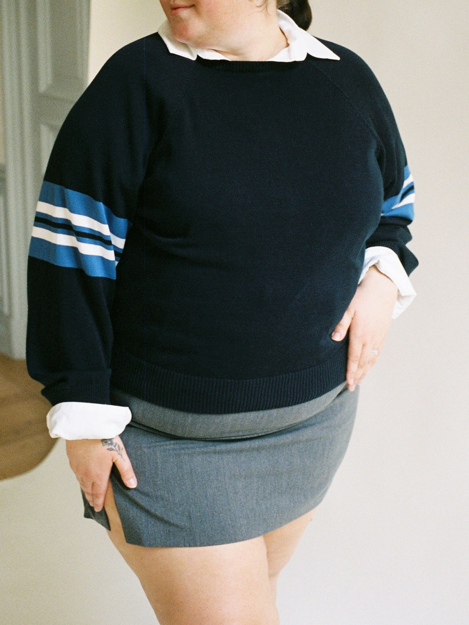 Striped Sleeve Crewneck Blue