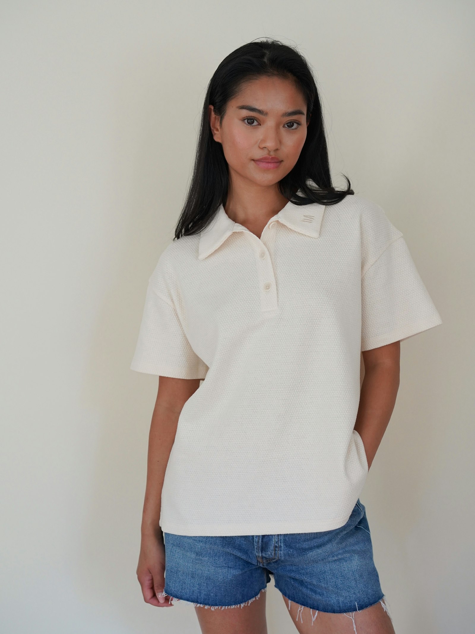 Textured Polo Top Cream