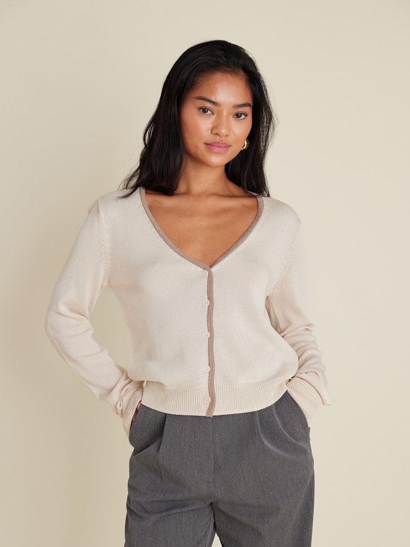 Contrast V-neck Cardigan Ivory