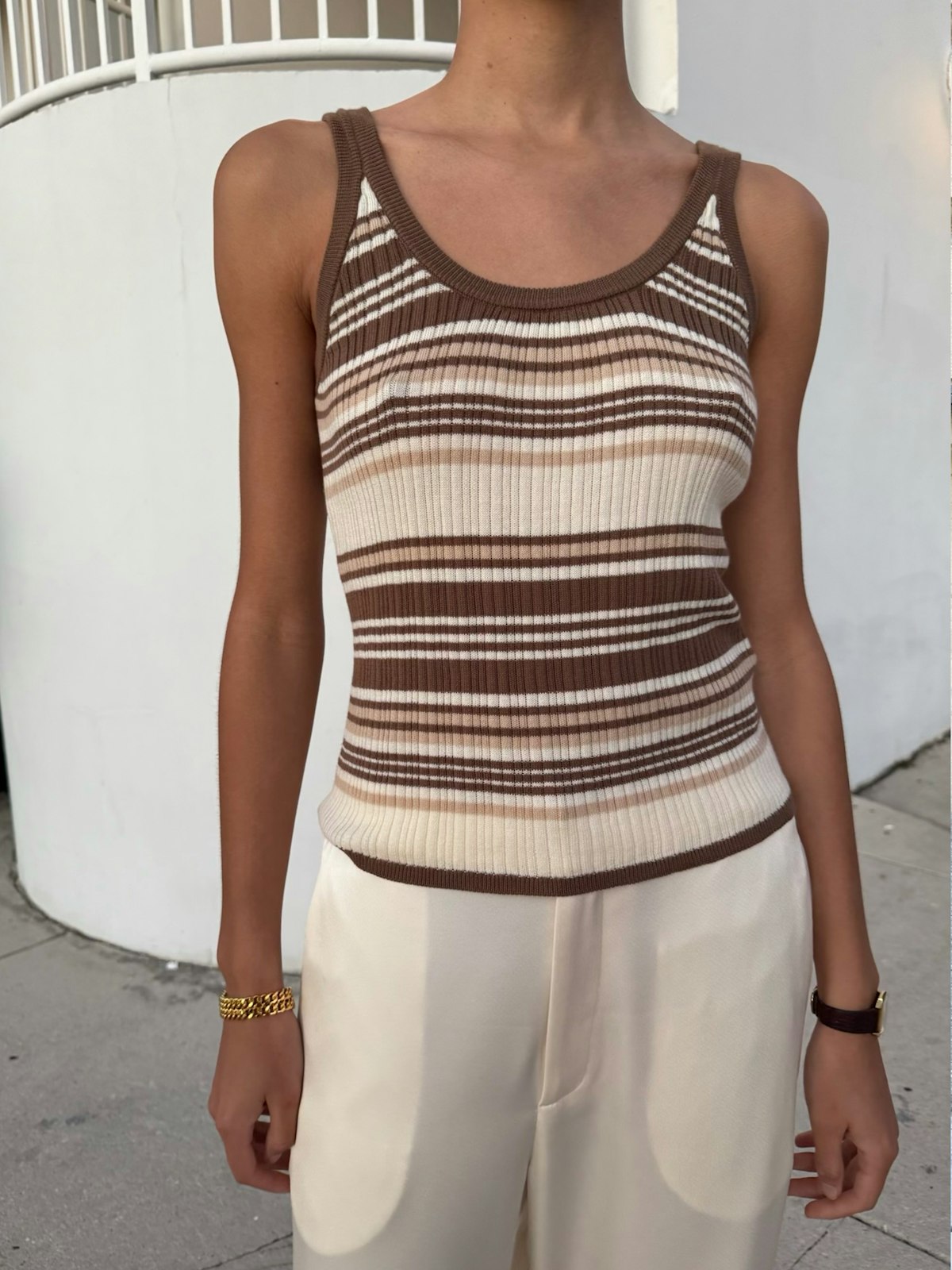 Knitted Strap Top Brown Stripe