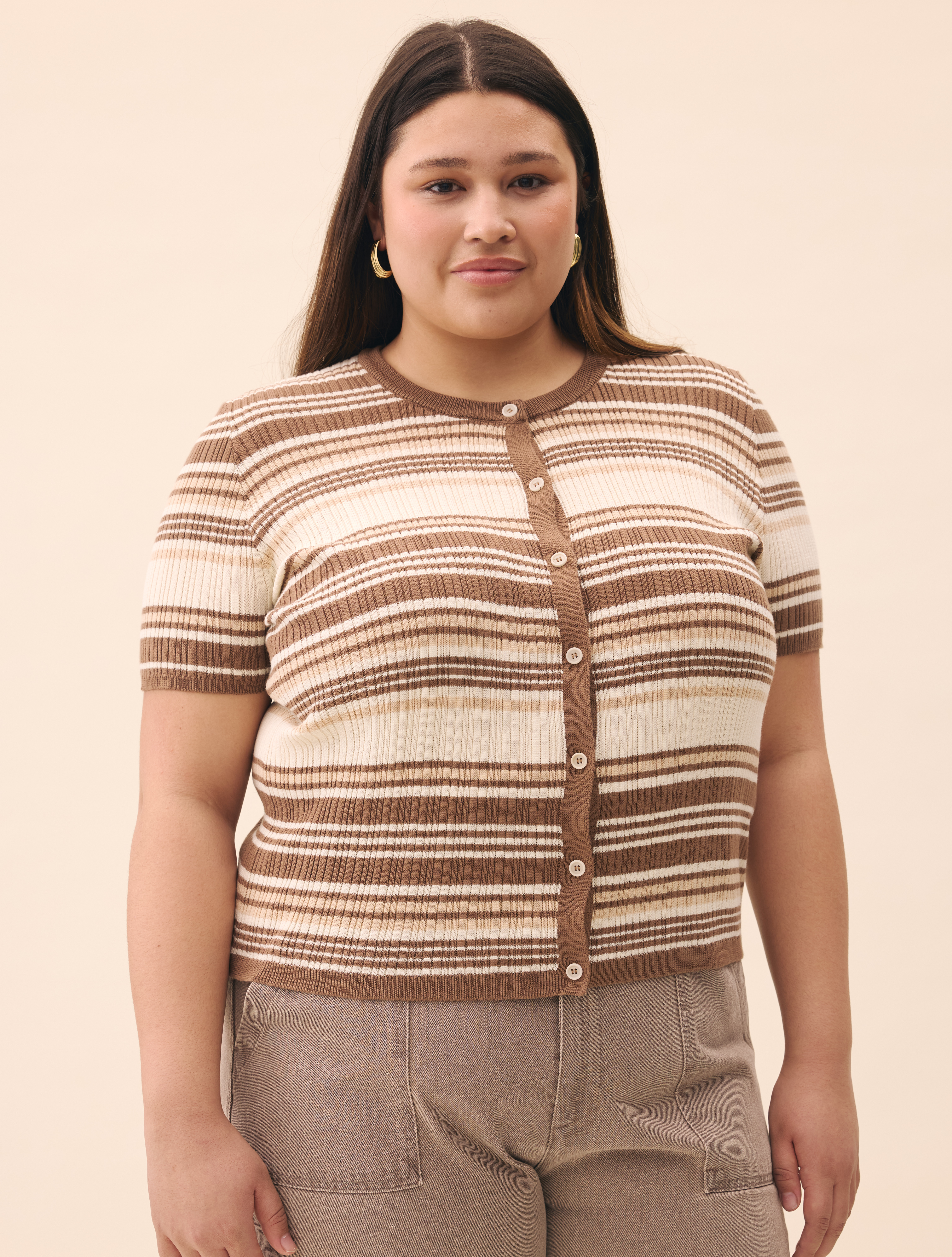 Knitted Short Sleeve Cardigan Brown Stripe - Brown Stripe