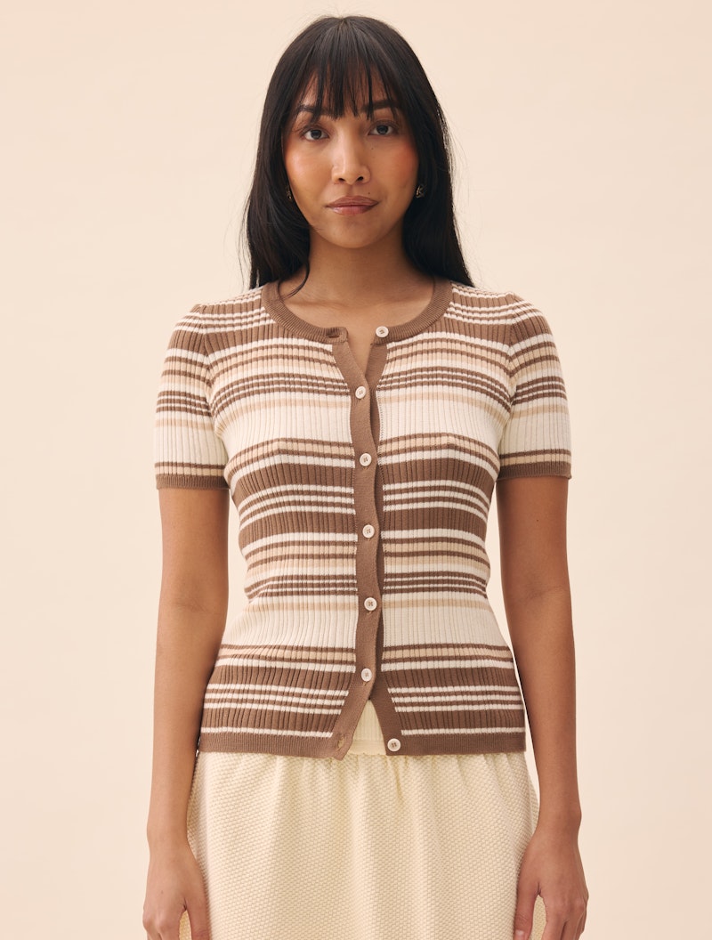 Knitted Short Sleeve Cardigan Brown Stripe
