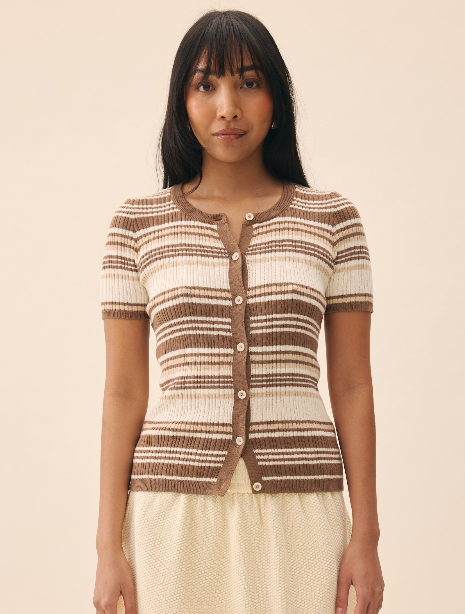 Irregular Striped Cropped Sleeve Knit Cardigan Irregular Striped Cropped Sleeve Knit Cardigan