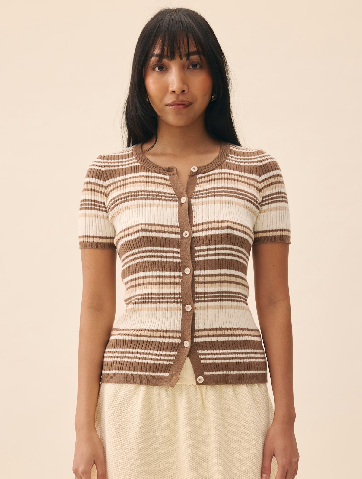 Knitted Short Sleeve Cardigan Brown Stripe