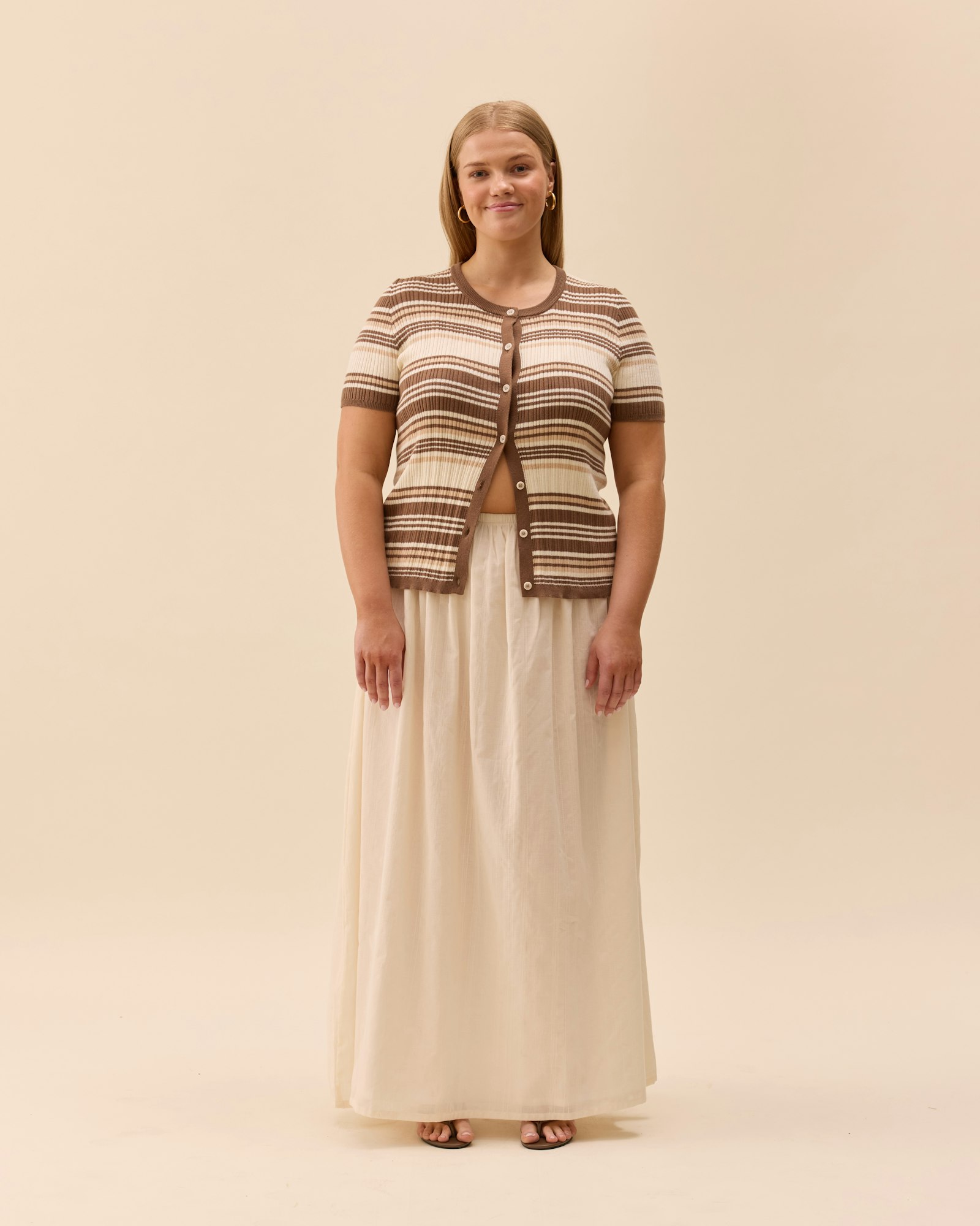 Knitted Short Sleeve Cardigan Brown Stripe