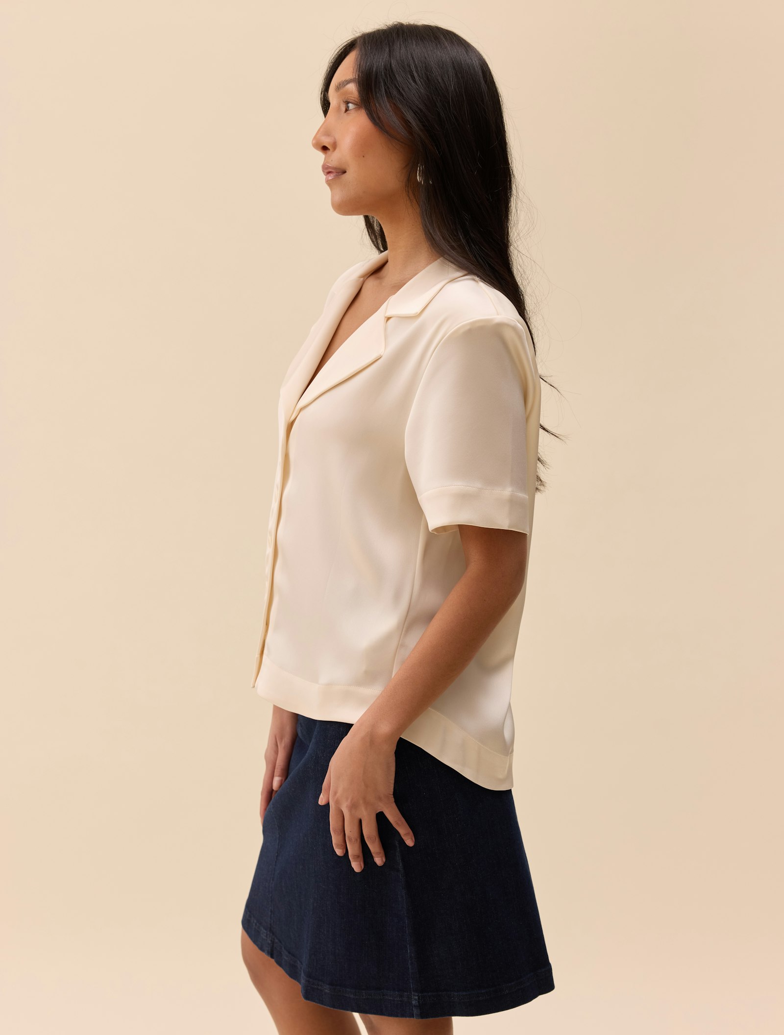 Satin Short Sleeve Blouse Ivory