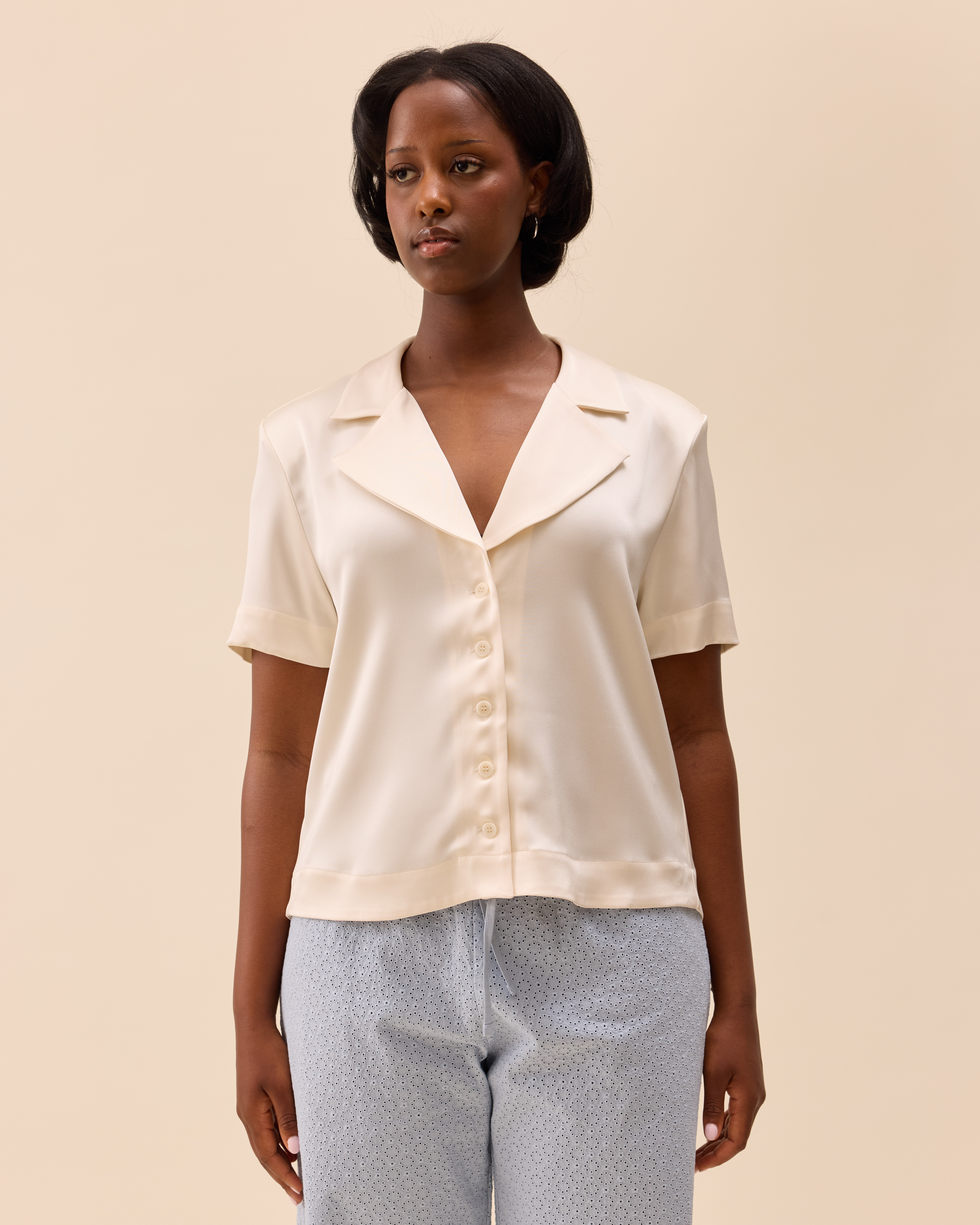Satin Short Sleeve Blouse Ivory - Ivory | Djerf Avenue