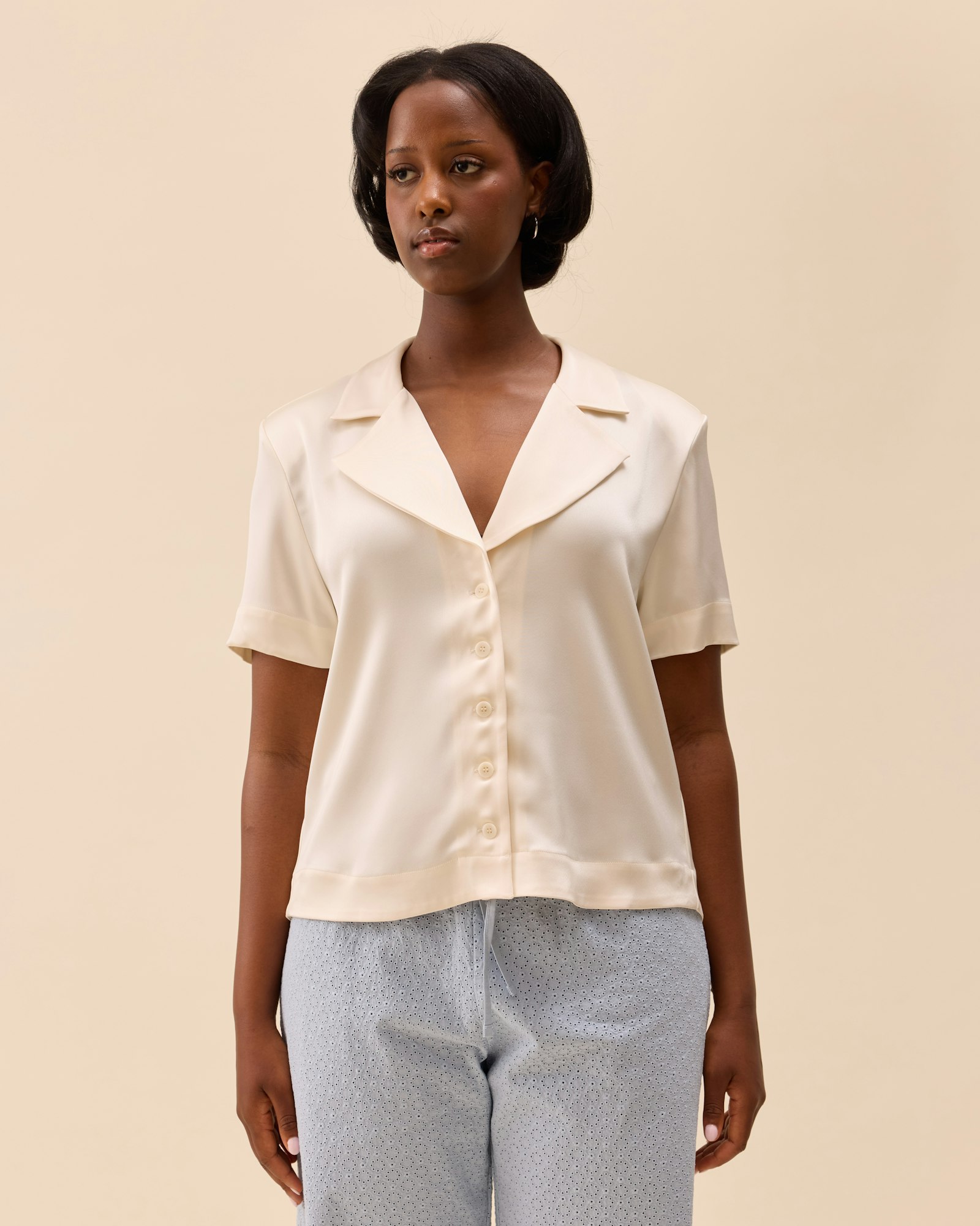 Satin Short Sleeve Blouse Ivory