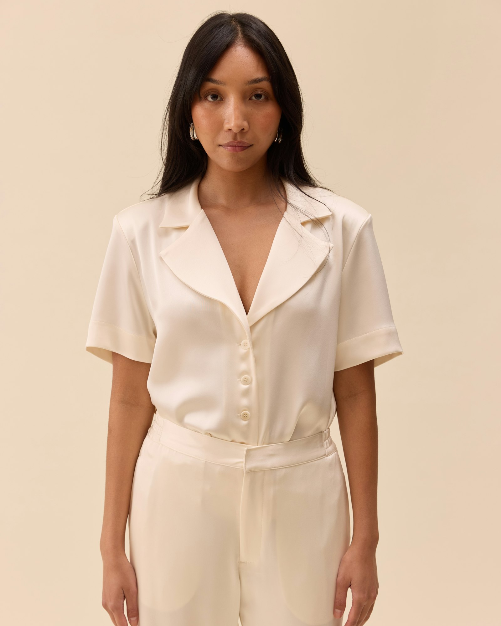 Satin Short Sleeve Blouse Ivory