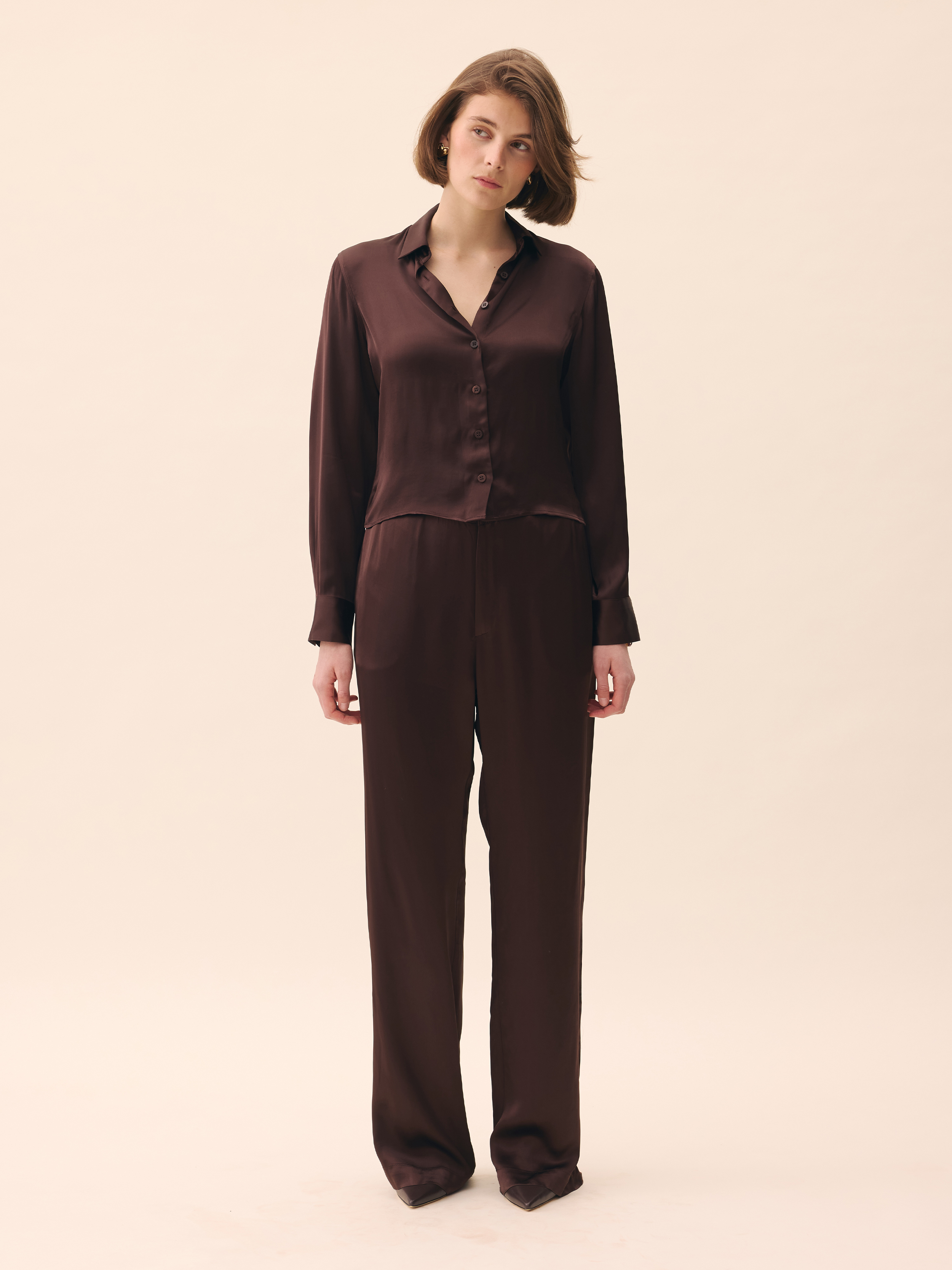 Satin Viscose Pants Tall - Dark mocha | Djerf Avenue