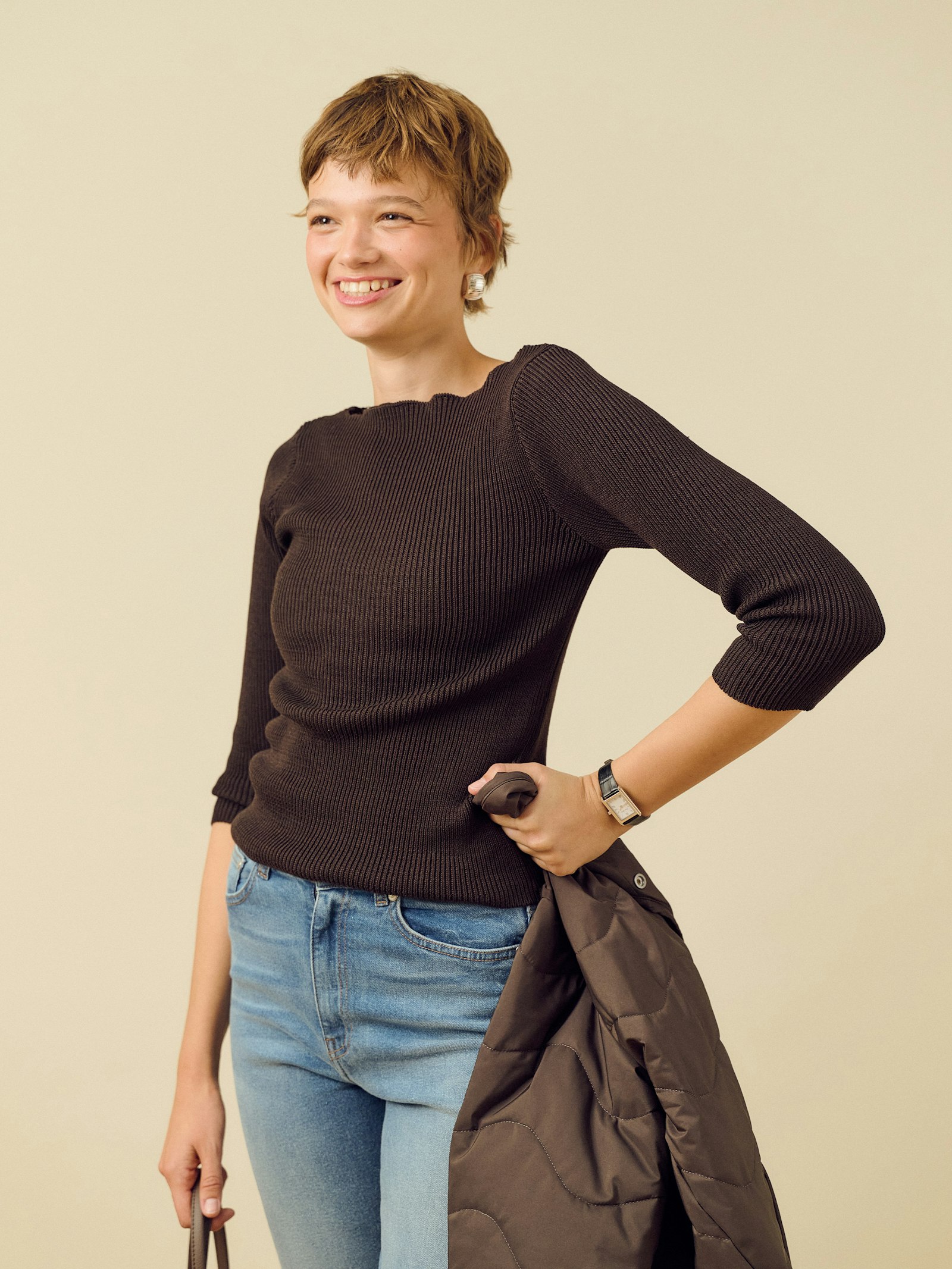 Everyday Ribbed Bateau Top Espresso